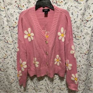 EUC Just Polly 60s Pink Daisy Flower Knit Button-up Oversized Cardigan Size M